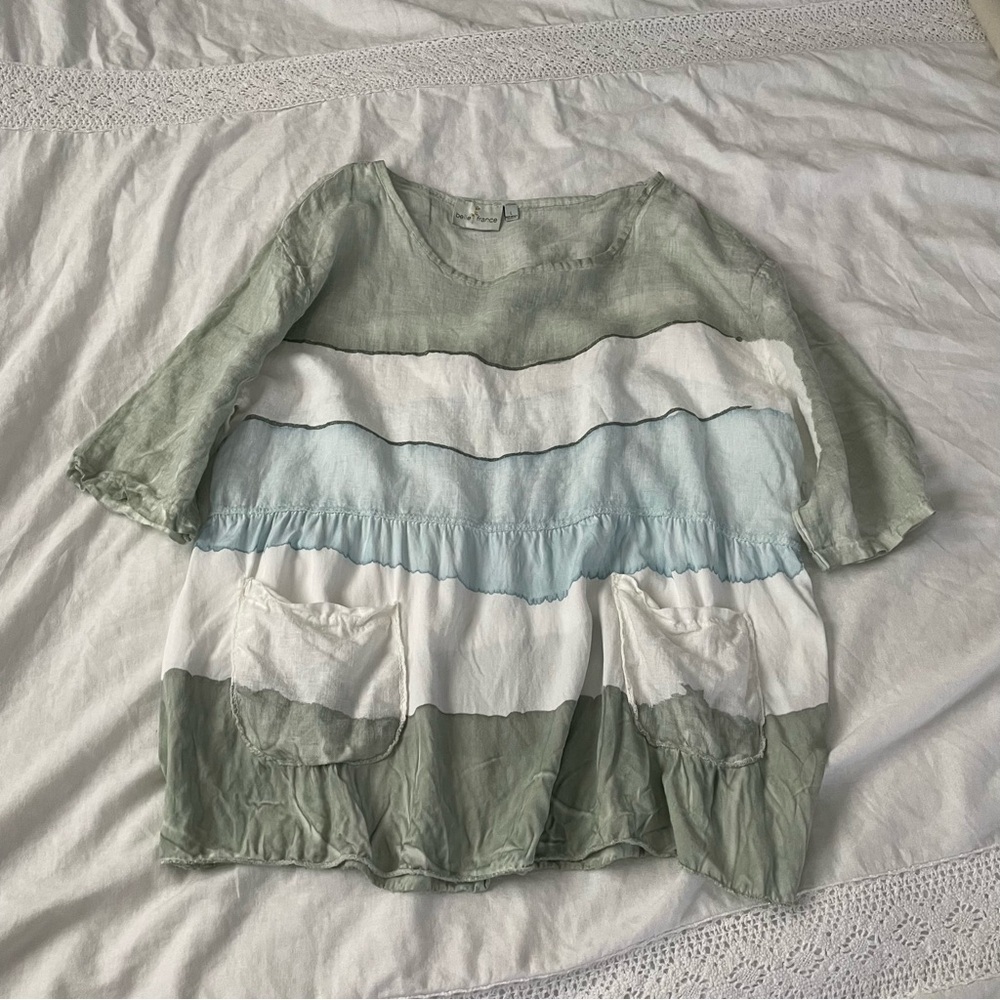 belle france LARGE short sleeve Blue green 100% linen tie dye blouse top Italy - Picture 1 of 8